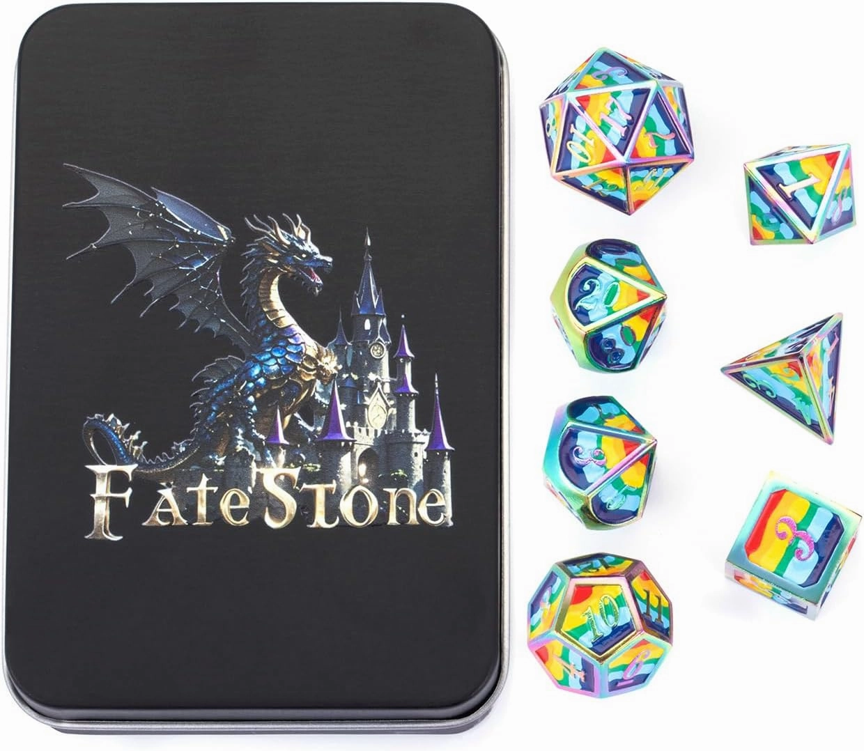 D&D Plating Metal Dice Set 7pcs t with Gift Box for Dungeons and Dragons MTR PRG Tabletop Game(Rainbow-C)