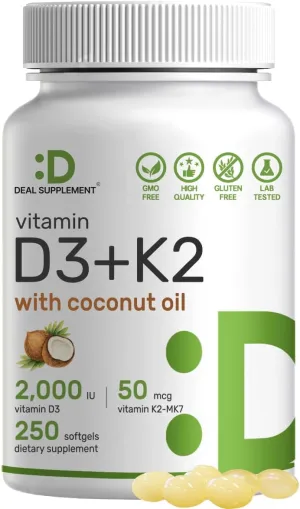 DEAL SUPPLEMENT Sunshine Vitamin D – Vitamin D3 2,000 IU with K2 MK7 50mcg – Infused with Virgin Coconut Oil – Support Healthy Bones, Teeth, and Immune System – Easy to Swallow