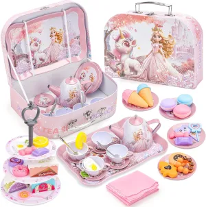 deAO 46 Pcs Kids Tea Party Set for Little Girls,Tea Time Set with Desserts, Teapot & Teacup & Carrying Case Kids Tea Set Toddler Kitchen Pretend Toy Toddler Girl Toys Birthday Gifts Age 3 