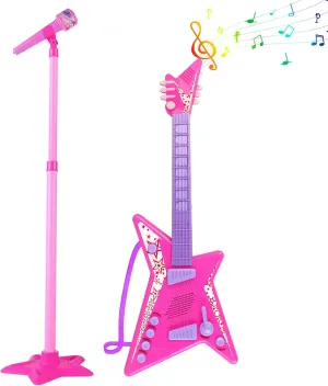 deAO Kids Guitar and Microphone Set,Guitar Toys with Music&Colorful Light,Adjustable Height Microphone with Stand,Music Light Karaoke Music Toys Birthday for Kids Boys Girls