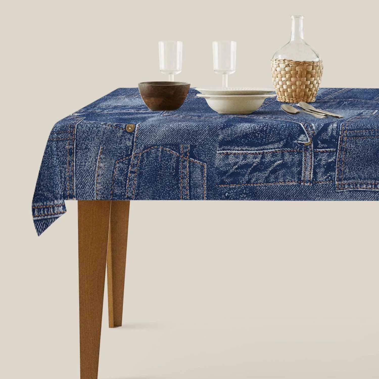 Denim Style Decorative Rectangle Tablecloth Romance Indigo Miscellaneous Polyester Table Cloths Kitchen Table Cover for Dining BBQ Picnic Coffee Table 60 x 84 Inch 6-8 Seats(Denim style, not denim)
