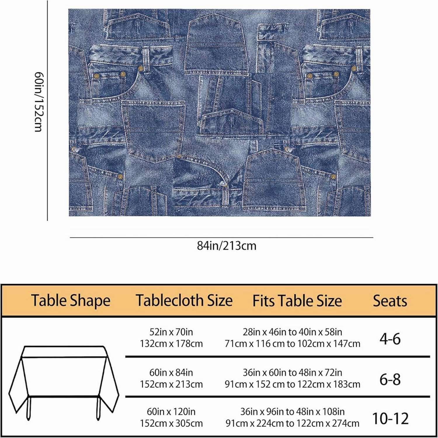 Denim Style Decorative Rectangle Tablecloth Romance Indigo Miscellaneous Polyester Table Cloths Kitchen Table Cover for Dining BBQ Picnic Coffee Table 60 x 84 Inch 6-8 Seats(Denim style, not denim)