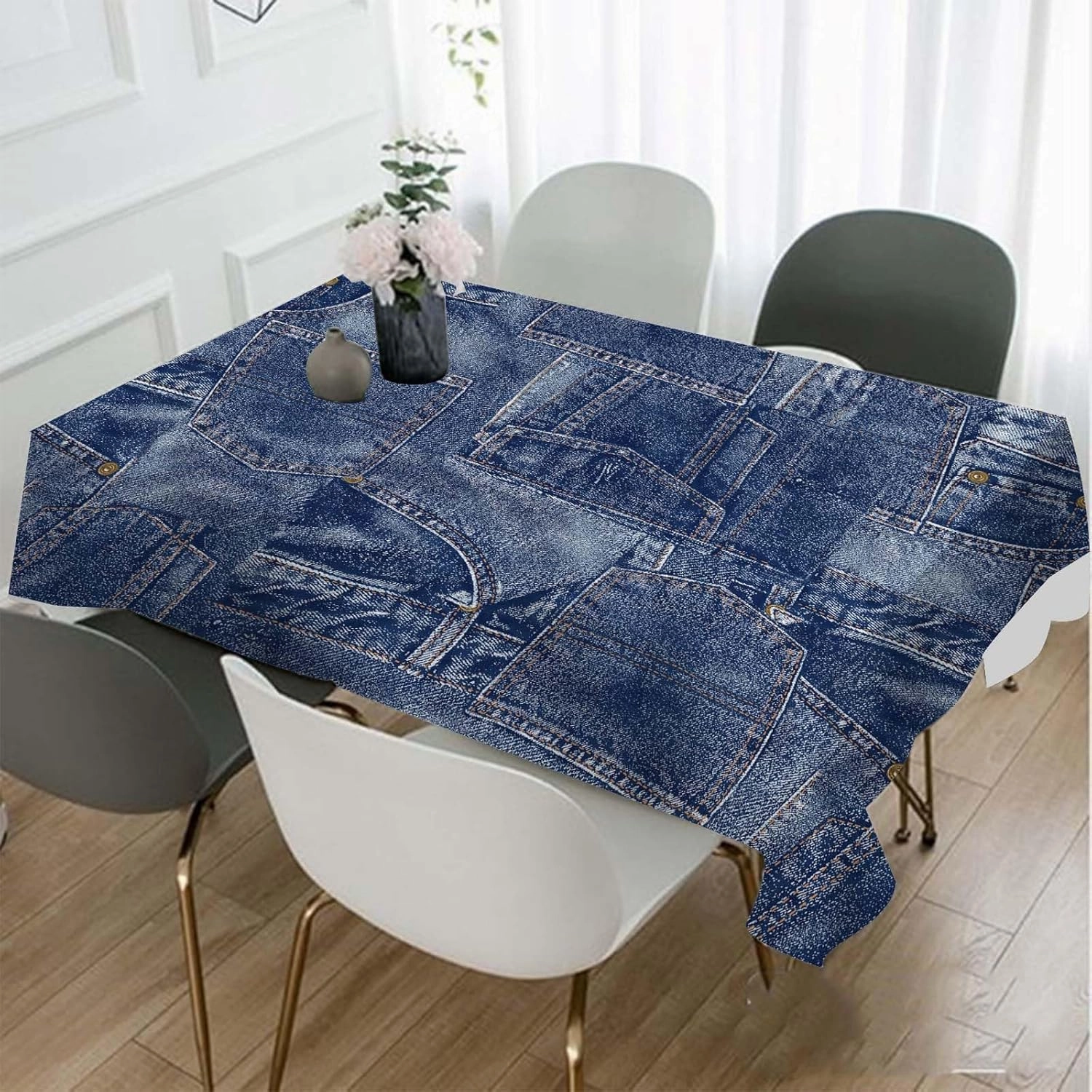Denim Style Decorative Rectangle Tablecloth Romance Indigo Miscellaneous Polyester Table Cloths Kitchen Table Cover for Dining BBQ Picnic Coffee Table 60 x 84 Inch 6-8 Seats(Denim style, not denim)