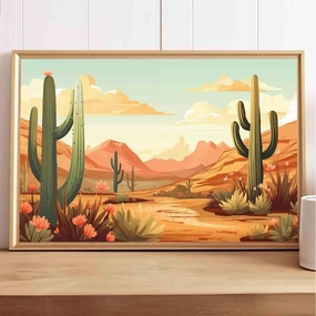 Desert Cactus Wall Art Desert Landscape Poster Sonoran Desert Painting Cactus Landscape Wall Art Desert Mountain Painting Abstract Cactus Vintage Poster Natural Scenery Room Decor 16x24inch No Frame