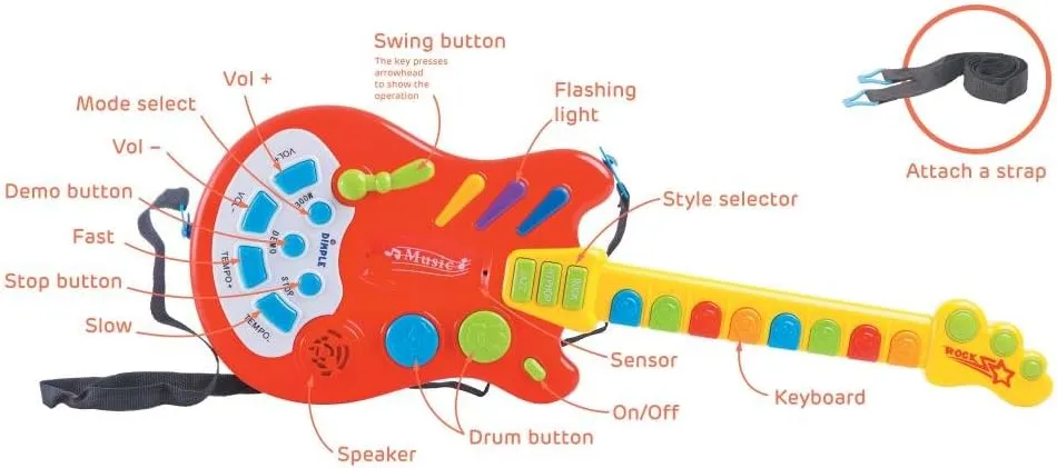 Dimple Kids Handheld Musical Electronic Toy Guitar with Over 20 Interactive Buttons, Levers and Modes for Children, Best Toy for Girls & Boys (Guitar with Batteries)