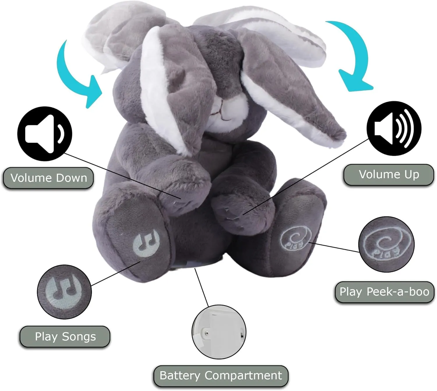 Dimple Milo Bunny Stuffed Animal - Animated Interactive Soft Bunny Plush Toy with Peek-a-Boo Feature and Singing Songs - Perfect Baby Stuffed Animal Gift for Ages 0 and Up, Grey