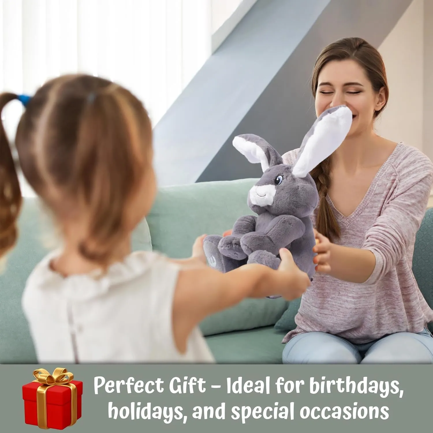 Dimple Milo Bunny Stuffed Animal - Animated Interactive Soft Bunny Plush Toy with Peek-a-Boo Feature and Singing Songs - Perfect Baby Stuffed Animal Gift for Ages 0 and Up, Grey