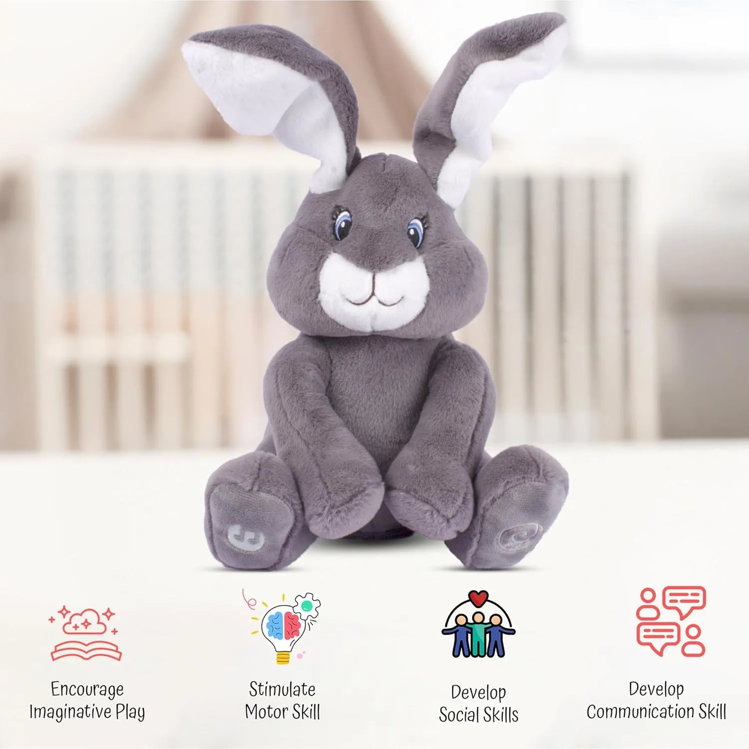 Dimple Milo Bunny Stuffed Animal - Animated Interactive Soft Bunny Plush Toy with Peek-a-Boo Feature and Singing Songs - Perfect Baby Stuffed Animal Gift for Ages 0 and Up, Grey