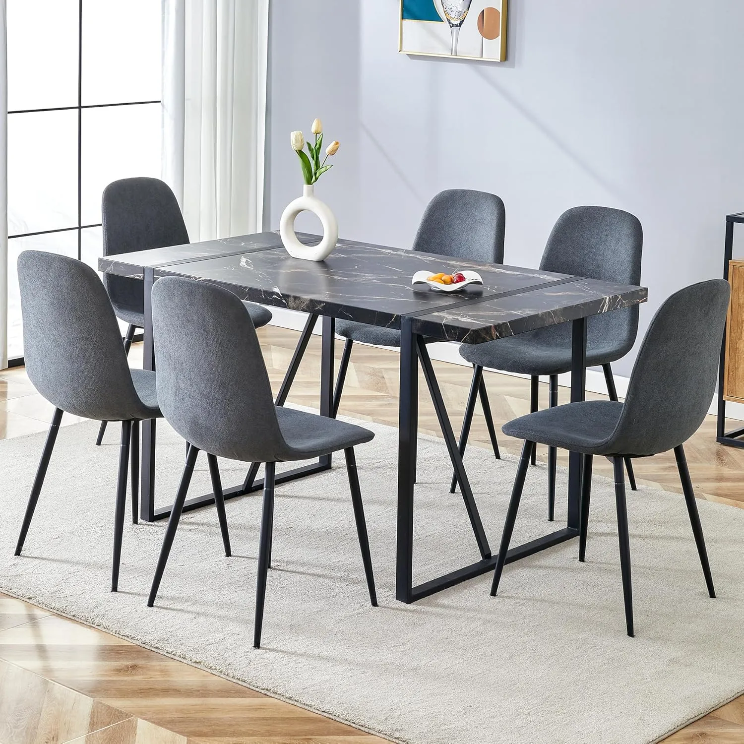 Dinner Table Set for 6, 7 Piece Dining Table Set for 6,Modern 55'' Rectangle Dining Table and 6 Dining Chairs,Kitchen Table and Chairs for 6,Ideal for Kitchen Dining Room