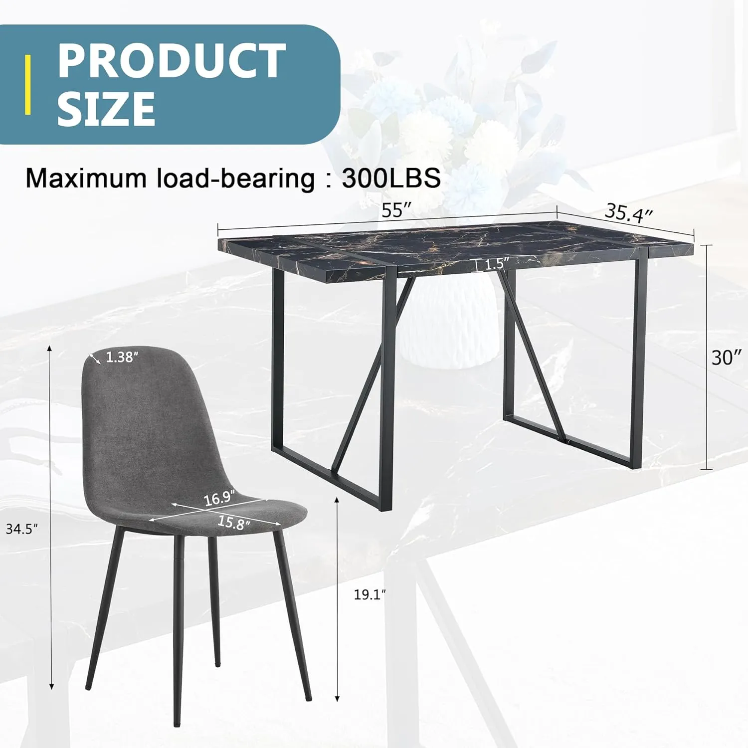 Dinner Table Set for 6, 7 Piece Dining Table Set for 6,Modern 55'' Rectangle Dining Table and 6 Dining Chairs,Kitchen Table and Chairs for 6,Ideal for Kitchen Dining Room
