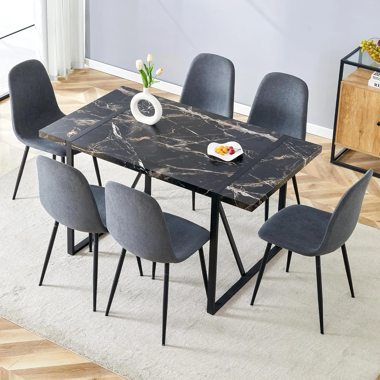 Dinner Table Set for 6, 7 Piece Dining Table Set for 6,Modern 55'' Rectangle Dining Table and 6 Dining Chairs,Kitchen Table and Chairs for 6,Ideal for Kitchen Dining Room