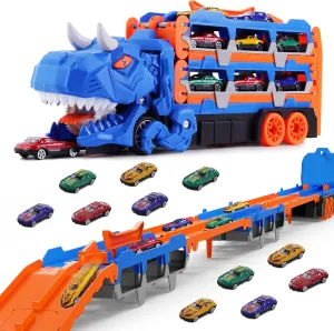 Dinosaur Race Track Toys for Kids 3-5,Monster Truck Toys with 8 Diecast Racing Cars,Transport Carrier Truck Set for Toddlers 2-8 Years for Kids Boys Girls Birthday Gifts (Blue)