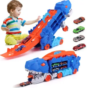 Dinosaur Race Track Toys for Kids 3-5,Monster Truck Toys with 8 Diecast Racing Cars,Transport Carrier Truck Set for Toddlers 2-8 Years for Kids Boys Girls Birthday Gifts (Dark Blue)