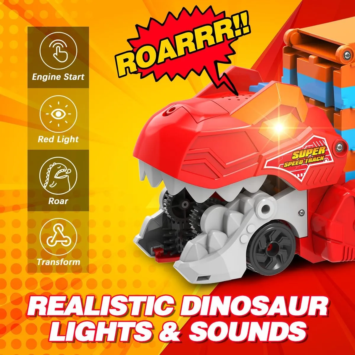Dinosaur Transport Truck Car Toy for Kids - 3 in 1 Ejection Folding Track Toys w/Sound, Portable Truck with 8 Race Cars, Best Gift Carrier Vehicles Toys Set for Boys Girls 3 4 5 6 Years Old
