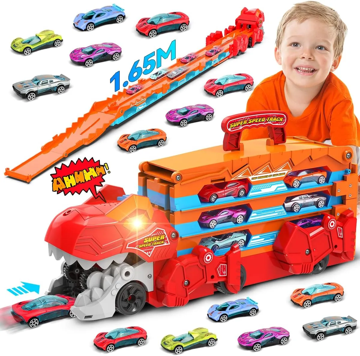 Dinosaur Transport Truck Car Toy for Kids - 3 in 1 Ejection Folding Track Toys w/Sound, Portable Truck with 8 Race Cars, Best Gift Carrier Vehicles Toys Set for Boys Girls 3 4 5 6 Years Old