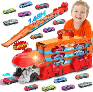 Dinosaur Transport Truck Car Toy for Kids - 3 in 1 Ejection Folding Track Toys w/Sound, Portable Truck with 8 Race Cars, Best Gift Carrier Vehicles Toys Set for Boys Girls 3 4 5 6 Years Old