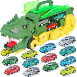 Dinosaur Transport Truck for 4 5 6 Years Old Boys, Dinosaur Truck with 12 Pull Back Cars, Transforms Into Standing T-rex, Toddler Car Toys Set for Kids, Birthday Gifts for Boys and Girls Green