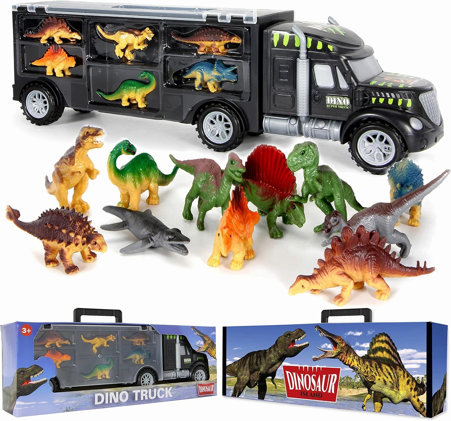 Dinosaur Truck Carrier – Toy for Boys with 12-Piece Dino Playset & Extra Figures – Fun Jurassic Gift for Kids Ages 3-7