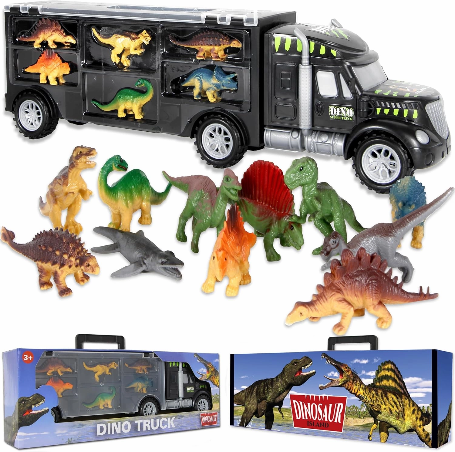 Dinosaur Truck Carrier – Toy for Kids with 12-Piece Dino Playset & Extra Figures – Fun Jurassic Transporter for Ages 3-7