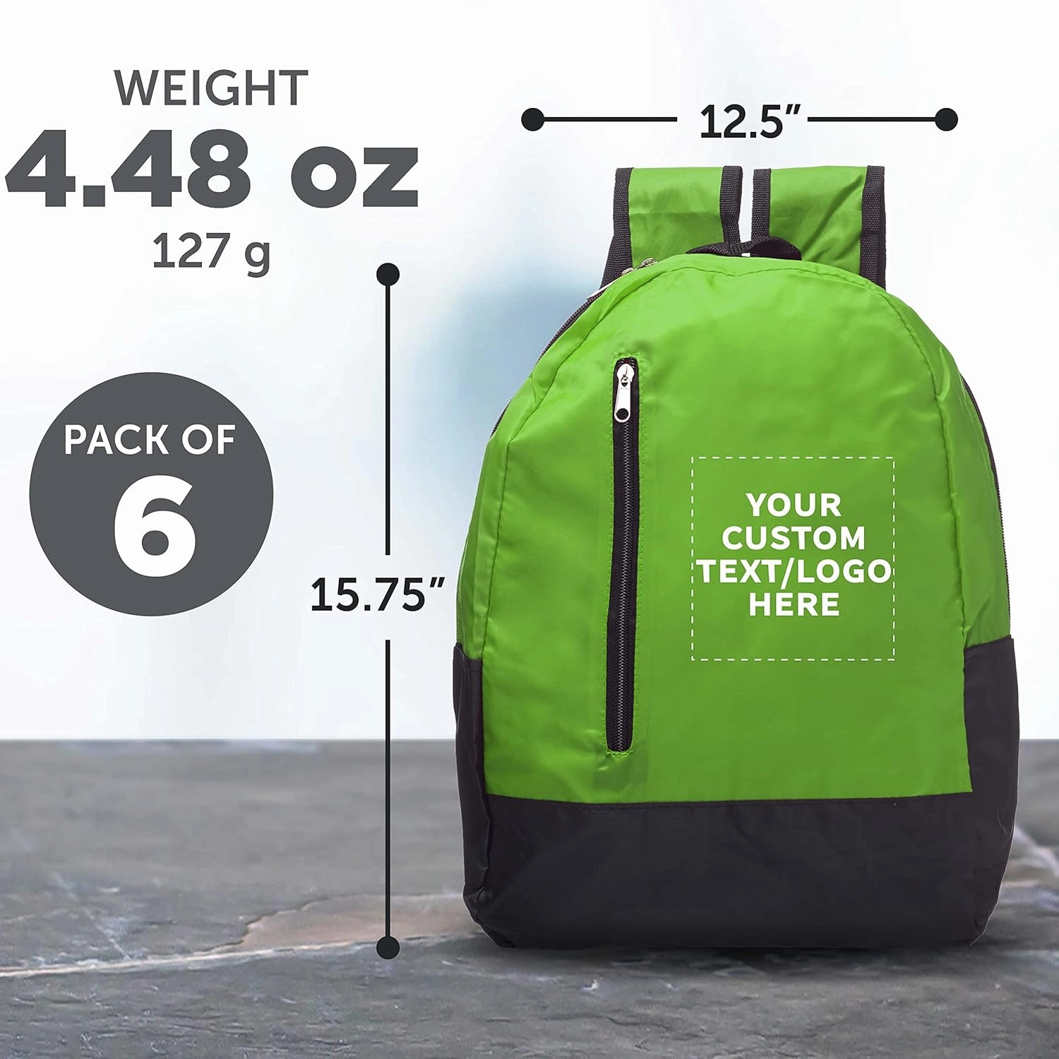DISCOUNT PROMOS 6 Quick Zip Backpacks Set - Customizable Text, Logo - Polyester, Unique features, Front Pocket, Vibrant - Green