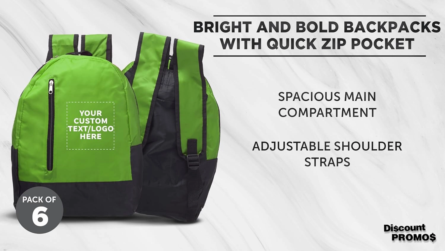 DISCOUNT PROMOS 6 Quick Zip Backpacks Set - Customizable Text, Logo - Polyester, Unique features, Front Pocket, Vibrant - Green
