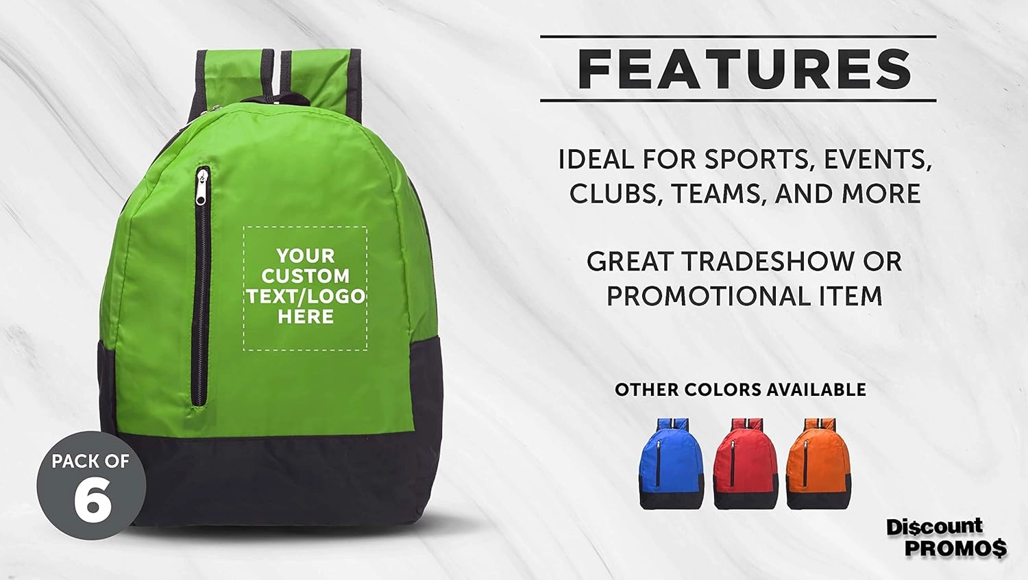 DISCOUNT PROMOS 6 Quick Zip Backpacks Set - Customizable Text, Logo - Polyester, Unique features, Front Pocket, Vibrant - Green