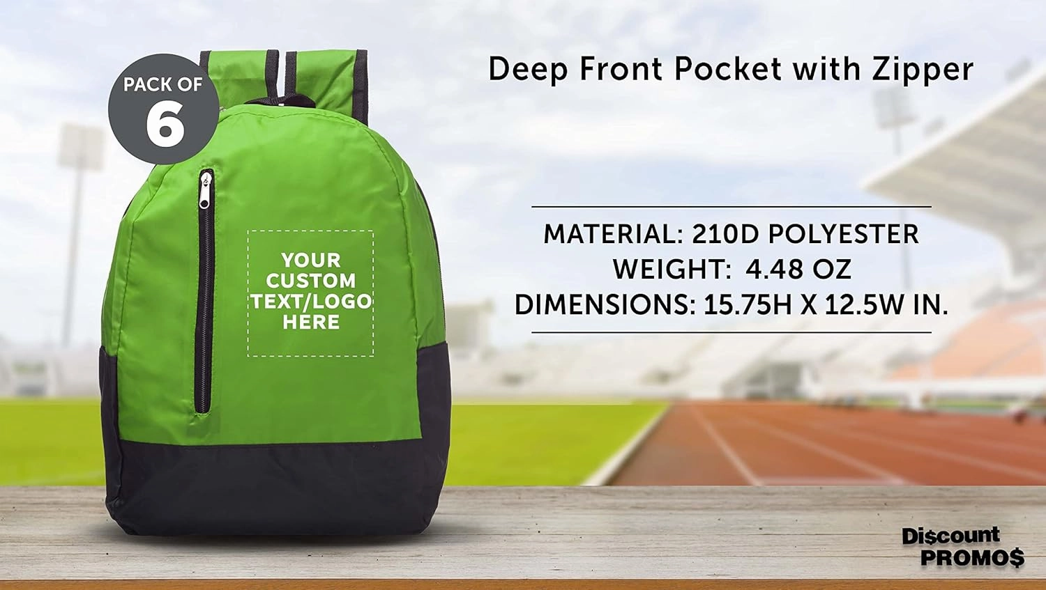 DISCOUNT PROMOS 6 Quick Zip Backpacks Set - Customizable Text, Logo - Polyester, Unique features, Front Pocket, Vibrant - Green