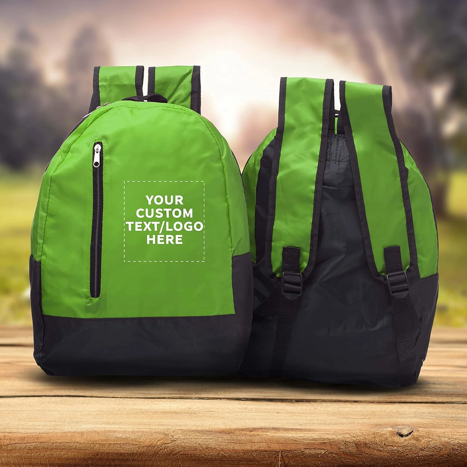DISCOUNT PROMOS 6 Quick Zip Backpacks Set - Customizable Text, Logo - Polyester, Unique features, Front Pocket, Vibrant - Green