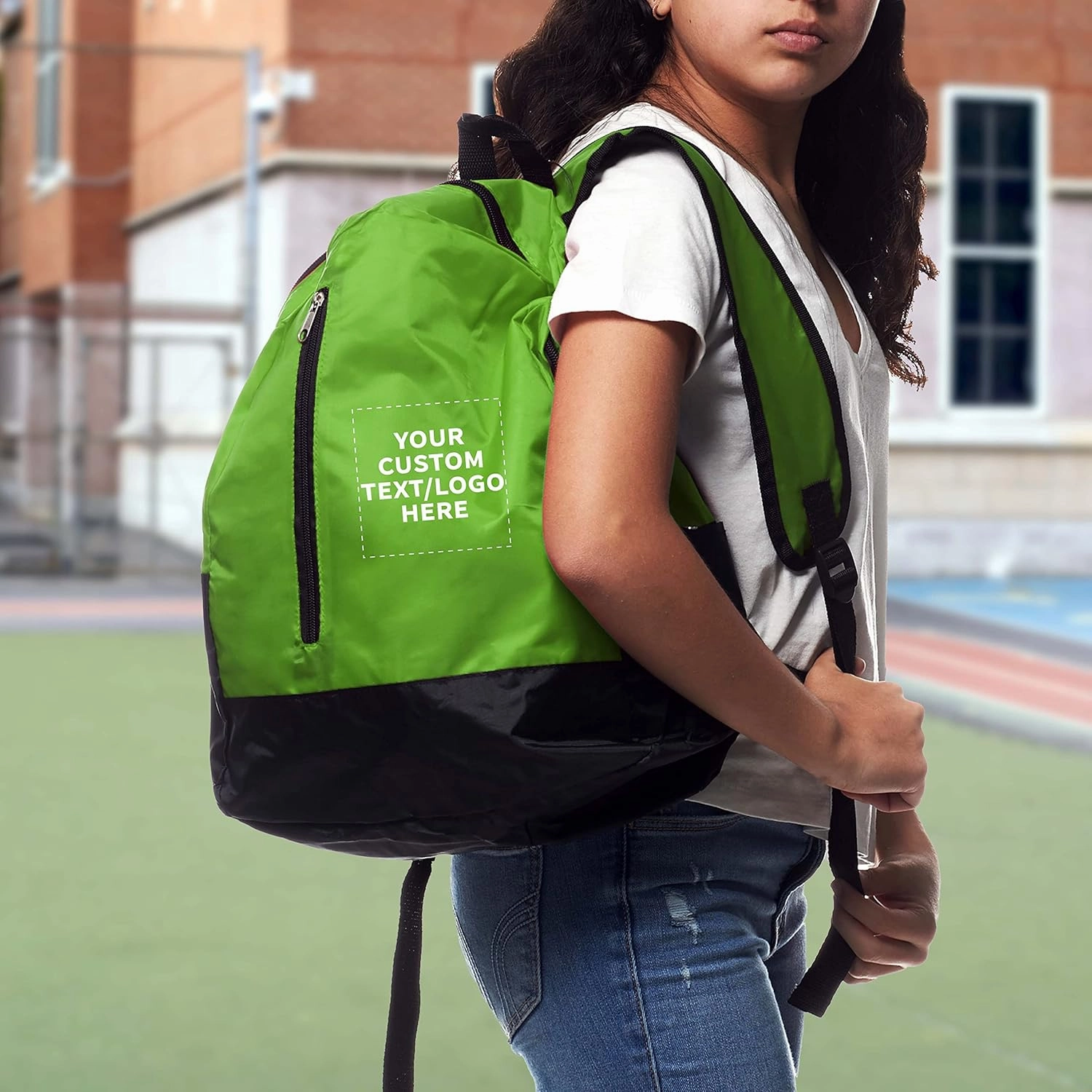 DISCOUNT PROMOS 6 Quick Zip Backpacks Set - Customizable Text, Logo - Polyester, Unique features, Front Pocket, Vibrant - Green