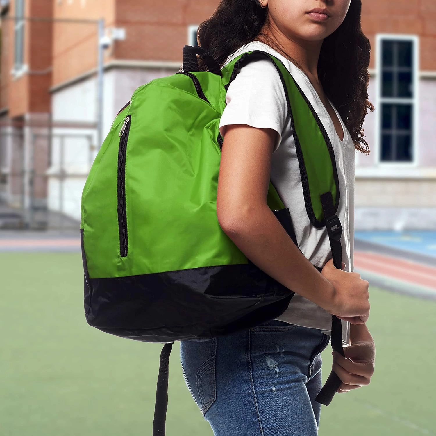 DISCOUNT PROMOS 6 Quick Zip Backpacks Set - Polyester, Unique features, Front Pocket, Vibrant - Green