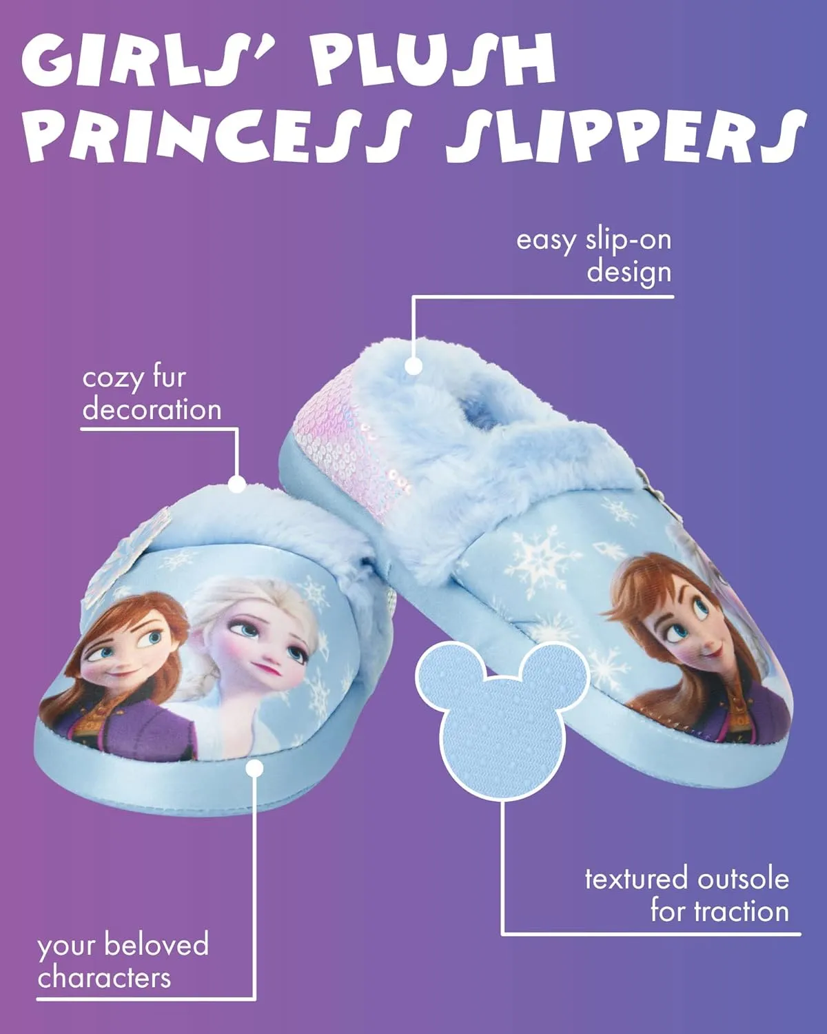 Disney Frozen Elsa and Anna Girls Slippers - Plush Non-Slip Comfy Fluffy Lightweight Warm Comfort Soft Aline Indoor House Slippers (Toddler/Little Kid)