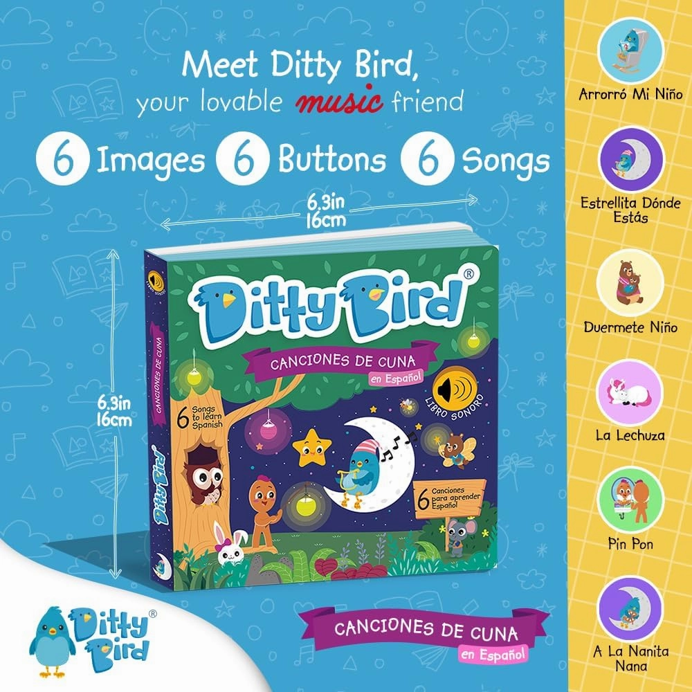Ditty Bird Spanish Nursery Rhymes Book | Animal and Bedtime | Spanish Bilingual Musical Books for Toddler | Fun, Interactive Sound Books for Babies | Libro En Español para Bebés (Canciones de Cuna)