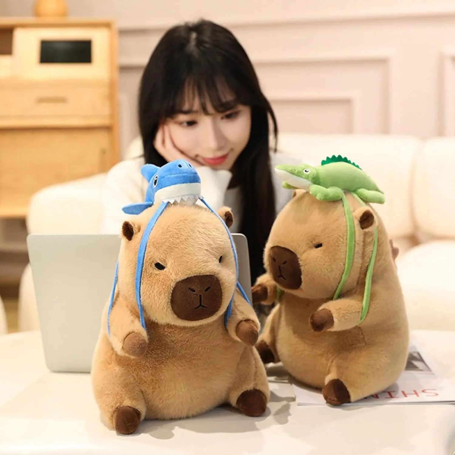 Ditucu Capybara Plush with Shark Backpack 7.8 inch Cute Capibara Stuffed Animal Soft Plushies Toys Gifts for Kids Brown