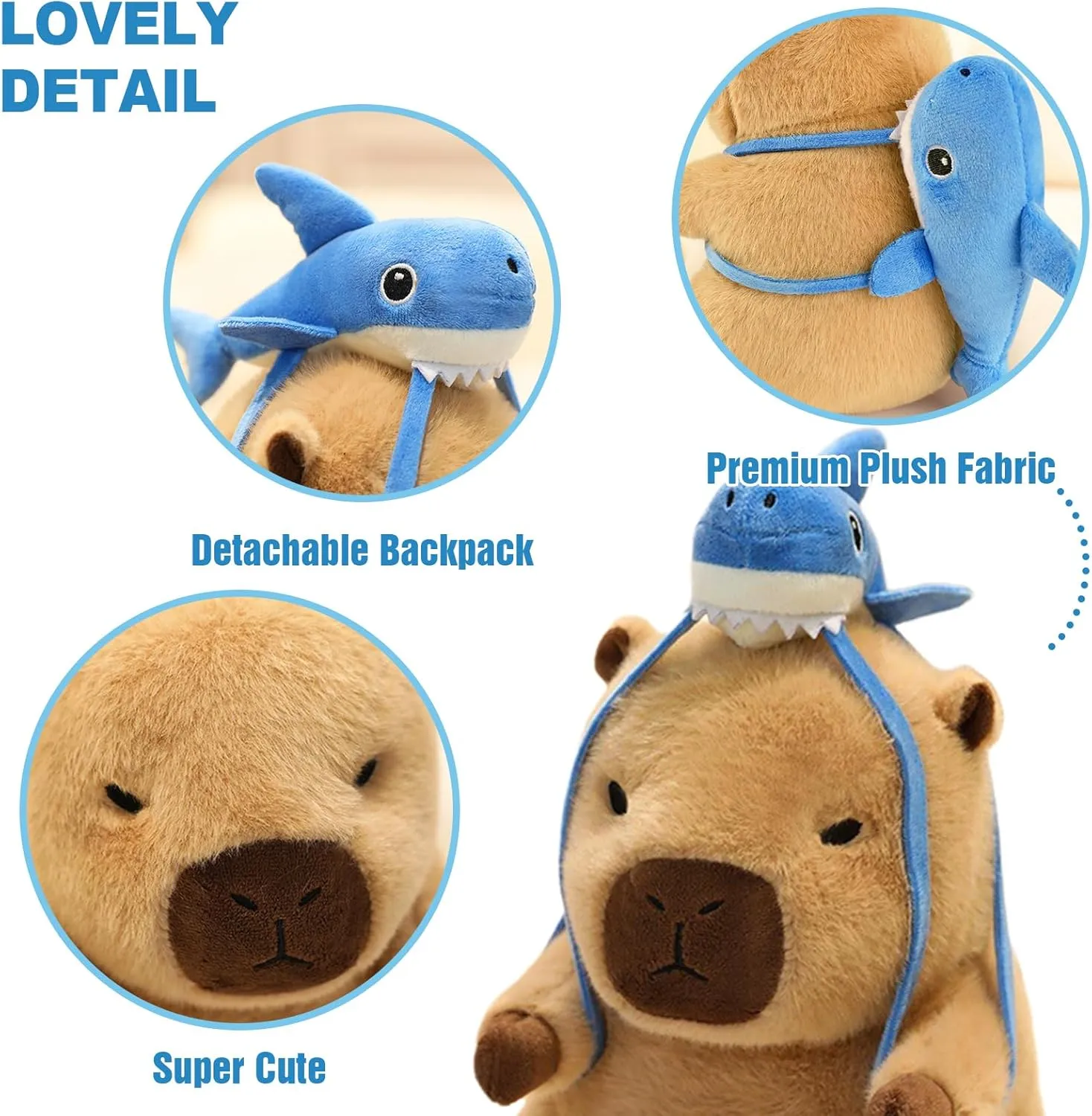Ditucu Capybara Plush with Shark Backpack 7.8 inch Cute Capibara Stuffed Animal Soft Plushies Toys Gifts for Kids Brown