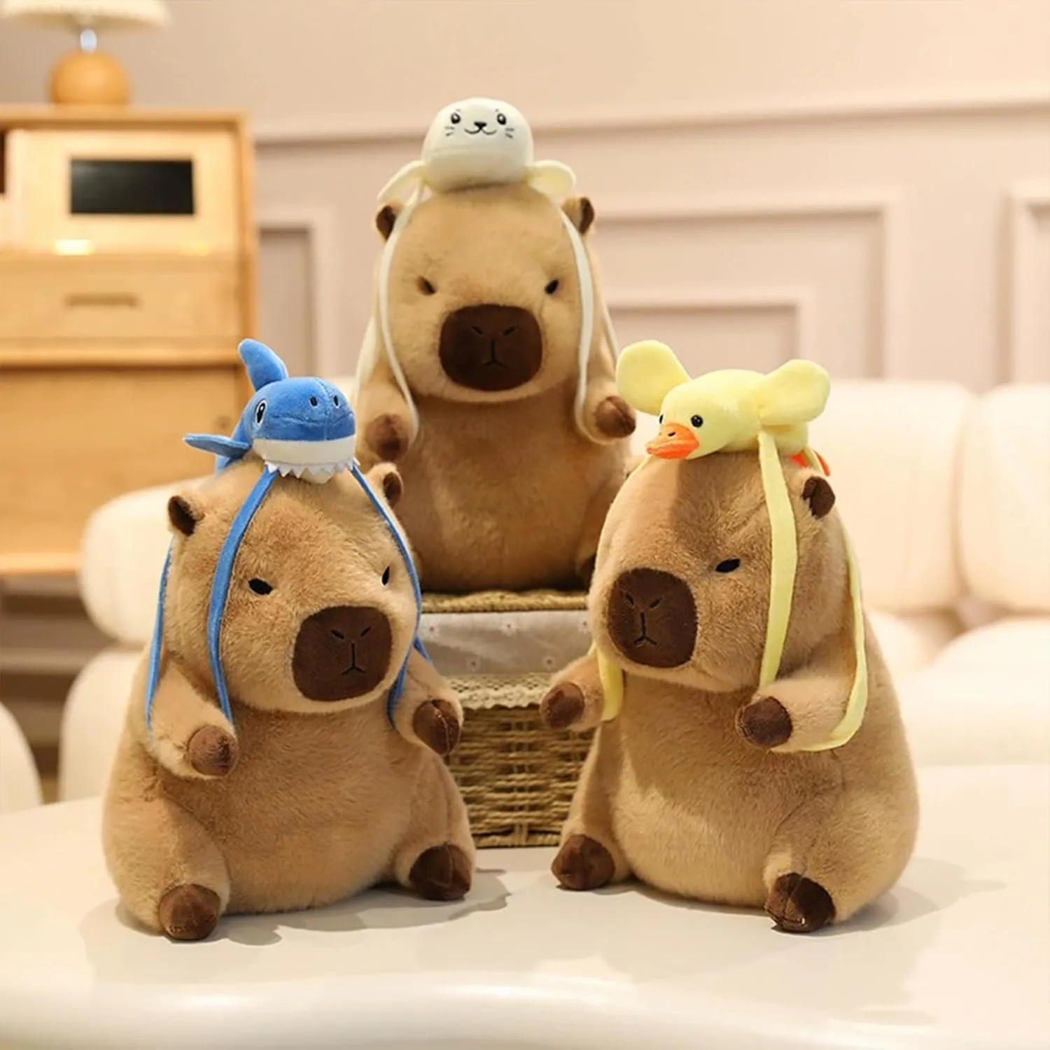 Ditucu Capybara Plush with Shark Backpack 7.8 inch Cute Capibara Stuffed Animal Soft Plushies Toys Gifts for Kids Brown