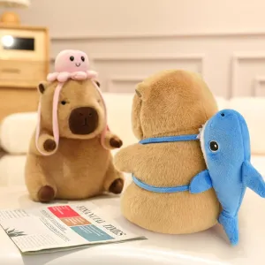 Ditucu Capybara Plush with Shark Backpack 7.8 inch Cute Capibara Stuffed Animal Soft Plushies Toys Gifts for Kids Brown