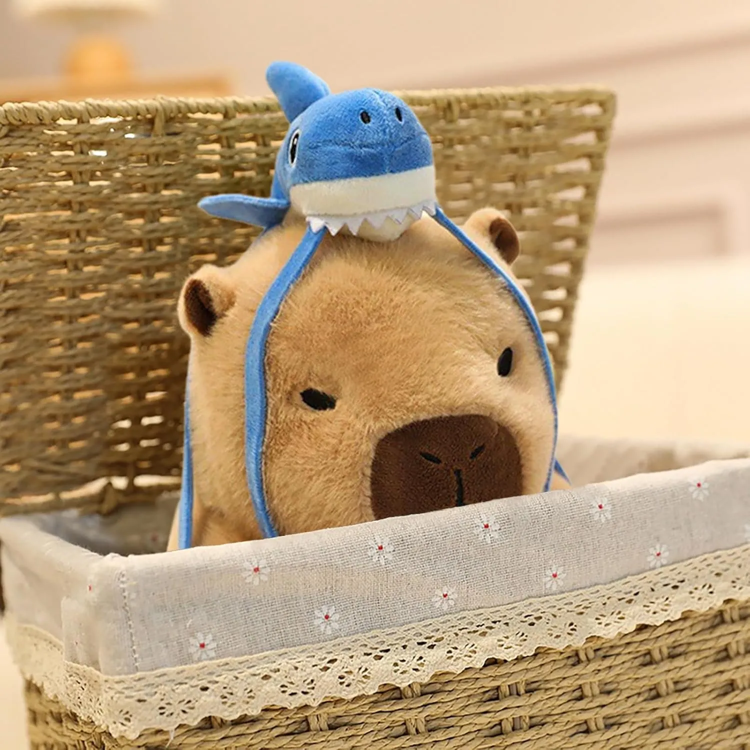 Ditucu Capybara Plush with Shark Backpack 7.8 inch Cute Capibara Stuffed Animal Soft Plushies Toys Gifts for Kids Brown