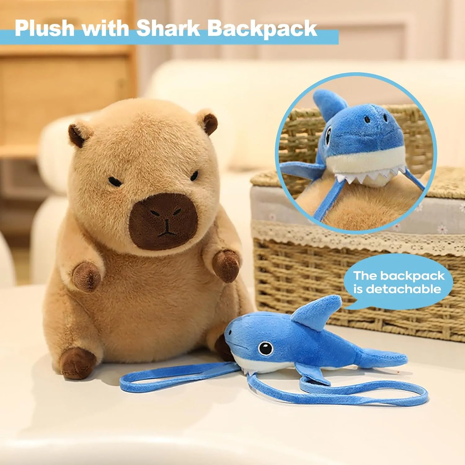 Ditucu Capybara Plush with Shark Backpack 7.8 inch Cute Capibara Stuffed Animal Soft Plushies Toys Gifts for Kids Brown