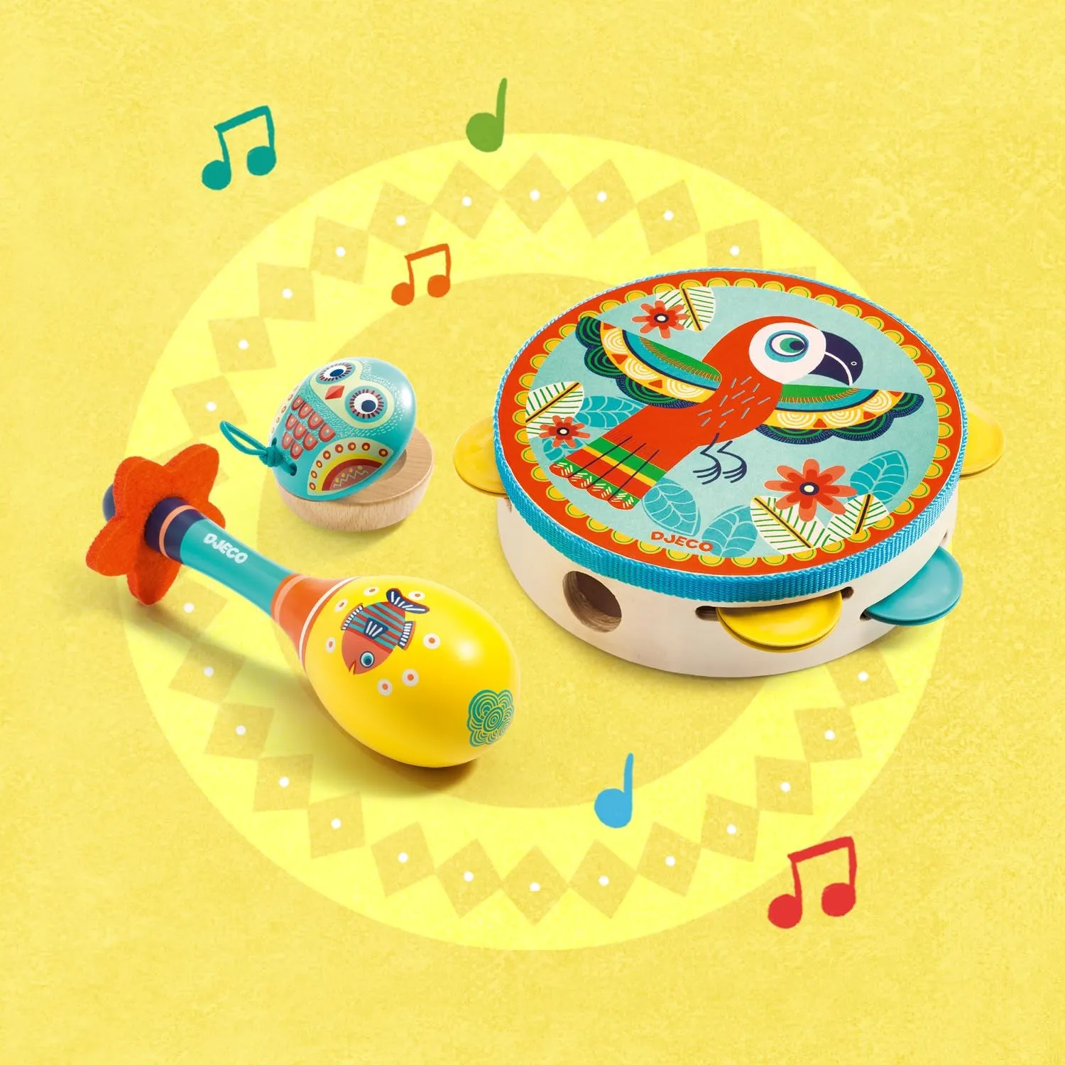 DJECO Animambo Tambourine, Maraca, Castanet Music Instrument Set - Cute Parrot, Fish & Owl Design Toddler Educational Musical Toy for Creativity & Rythym - Toys for 3  Years Girls & Boys