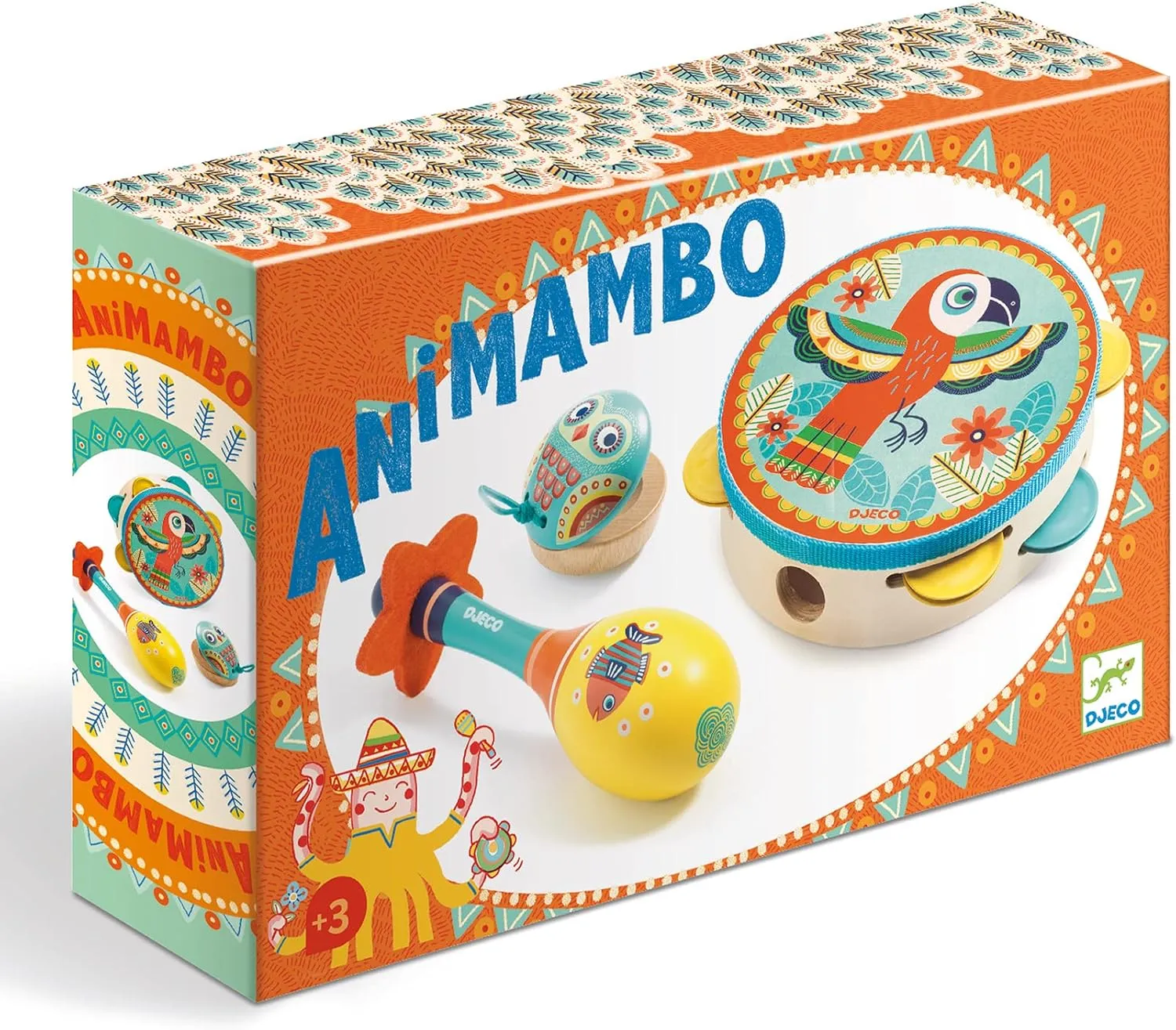 DJECO Animambo Tambourine, Maraca, Castanet Music Instrument Set - Cute Parrot, Fish & Owl Design Toddler Educational Musical Toy for Creativity & Rythym - Toys for 3  Years Girls & Boys