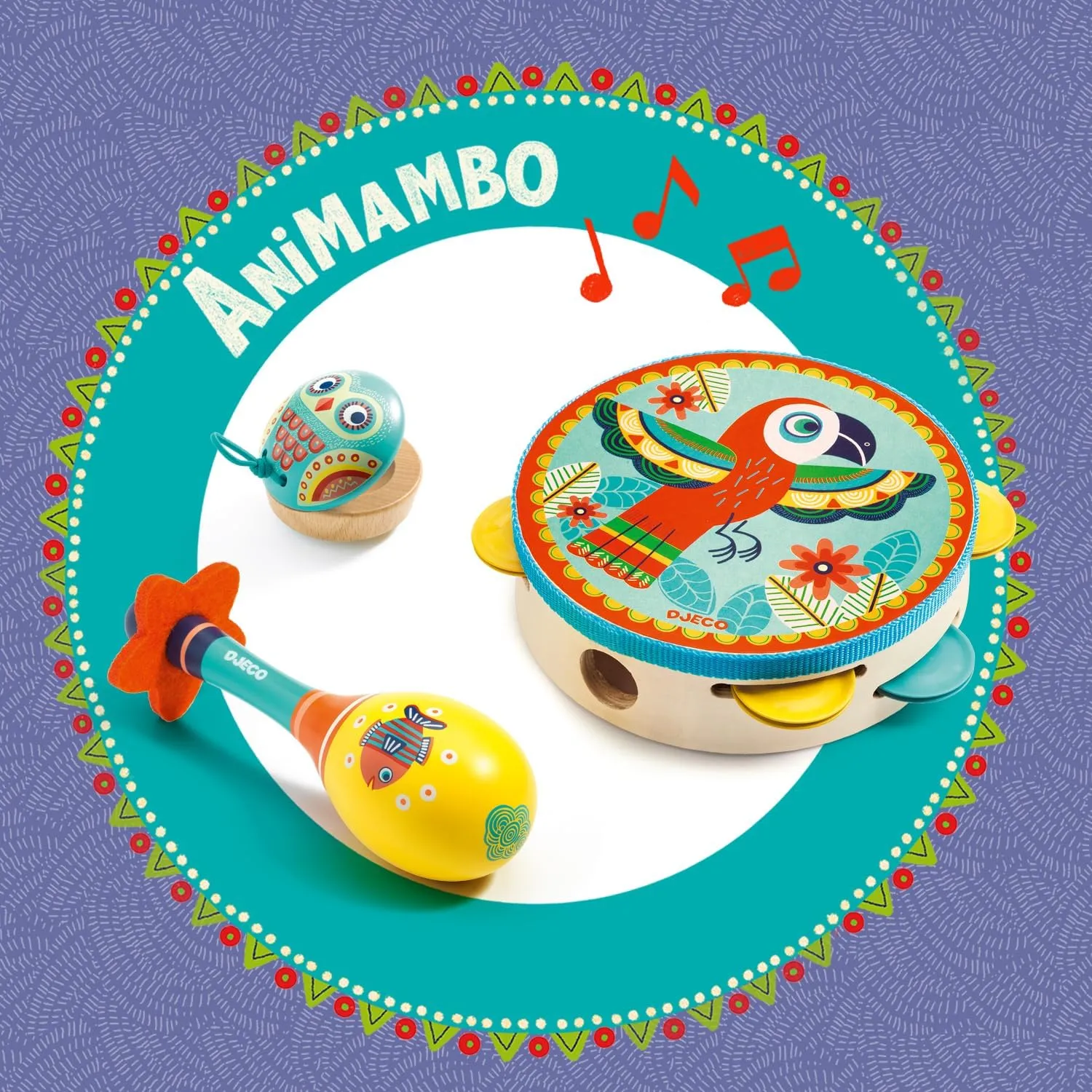 DJECO Animambo Tambourine, Maraca, Castanet Music Instrument Set - Cute Parrot, Fish & Owl Design Toddler Educational Musical Toy for Creativity & Rythym - Toys for 3  Years Girls & Boys