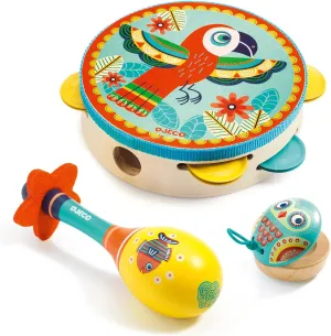 DJECO Animambo Tambourine, Maraca, Castanet Music Instrument Set - Cute Parrot, Fish & Owl Design Toddler Educational Musical Toy for Creativity & Rythym - Toys for 3  Years Girls & Boys