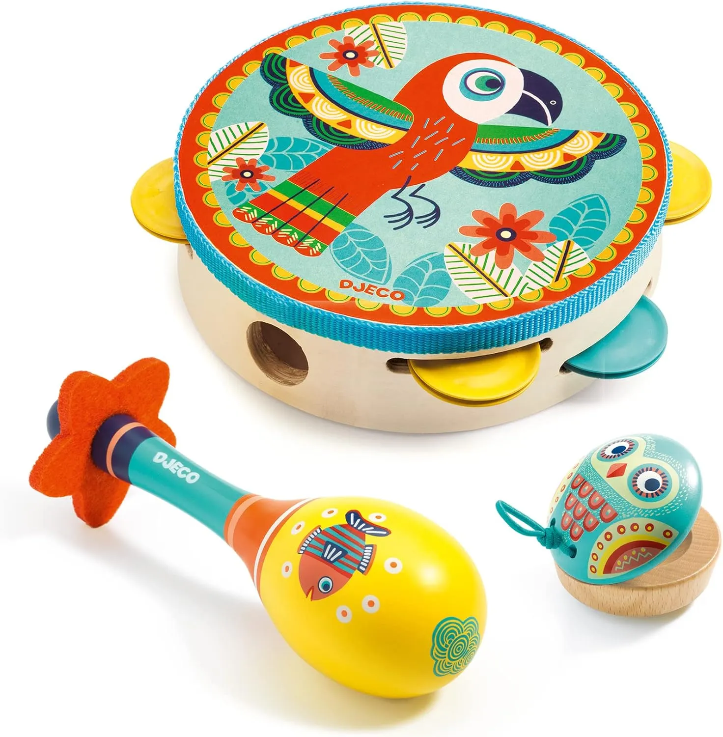DJECO Animambo Tambourine, Maraca, Castanet Music Instrument Set - Cute Parrot, Fish & Owl Design Toddler Educational Musical Toy for Creativity & Rythym - Toys for 3  Years Girls & Boys