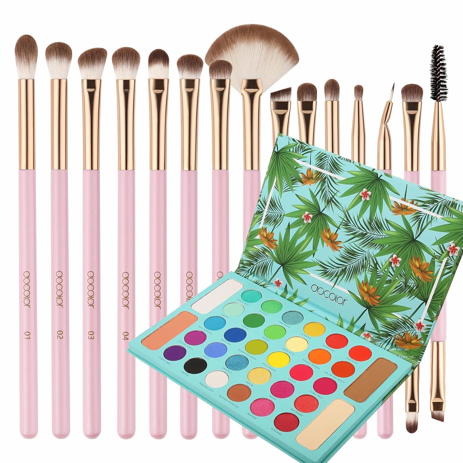 Docolor 15Piece Eye Makeup Brushes Set   34 Colors Tropical Eeyshadow Palette Pigmented Matte Shimmer Metallic Blendable Soft Cream Powder Makeup Eye Shadow Palettes for Christmas Gift