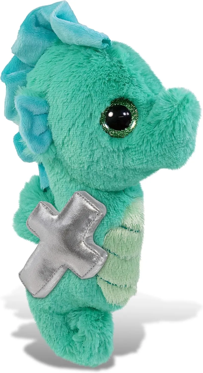 DolliBu Big Eye Seahorse Stuffed Animal with Silver Cross and Personalization - Religious Baby Baptism Gifts for Boys and Girls, Dedication Christening Gifts Plush Prayer Healing Teddy Bear - 10 Inch