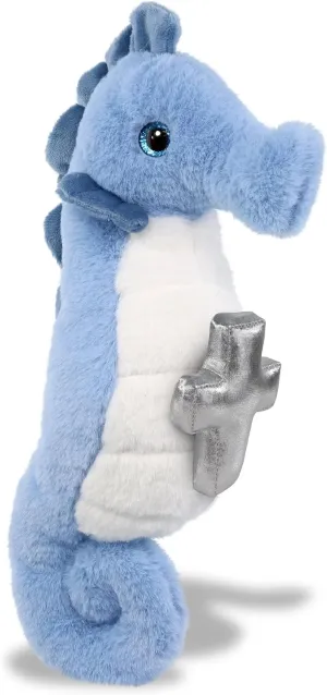 DolliBu Blue Seahorse Stuffed Animal with Silver Cross and Personalization - Religious Seahorse Plush Baptism Gifts, Dedication Christening Gifts Plush Prayer Toy Healing Teddy Bear -12 Inches