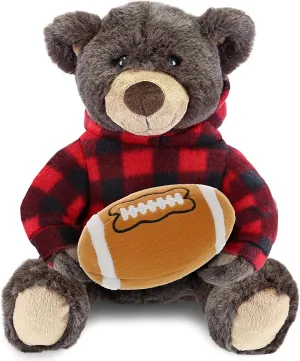 DolliBu Brown Bear Stuffed Animal with Football Plush - Soft Huggable Bear with Red Plaid Hoodie, Adorable Playtime Plush Toy, Cute Sports Gift for Kids and Adults - 10 Inch