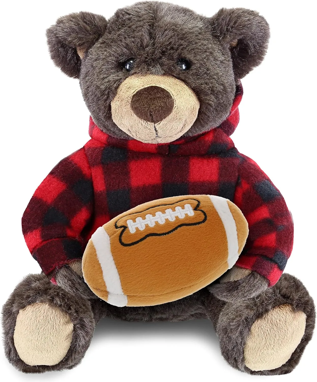 DolliBu Brown Bear Stuffed Animal with Football Plush - Soft Huggable Bear with Red Plaid Hoodie, Adorable Playtime Plush Toy, Cute Sports Gift for Kids and Adults - 10 Inch