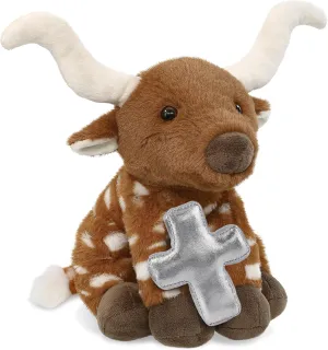 DolliBu Floppy Longhorn Stuffed Animal with Silver Cross and Personalization - Religious Baptism Gifts for Boys and Girls, Dedication Christening Gifts Plush Prayer Toy Healing Teddy Bear - 10 Inch