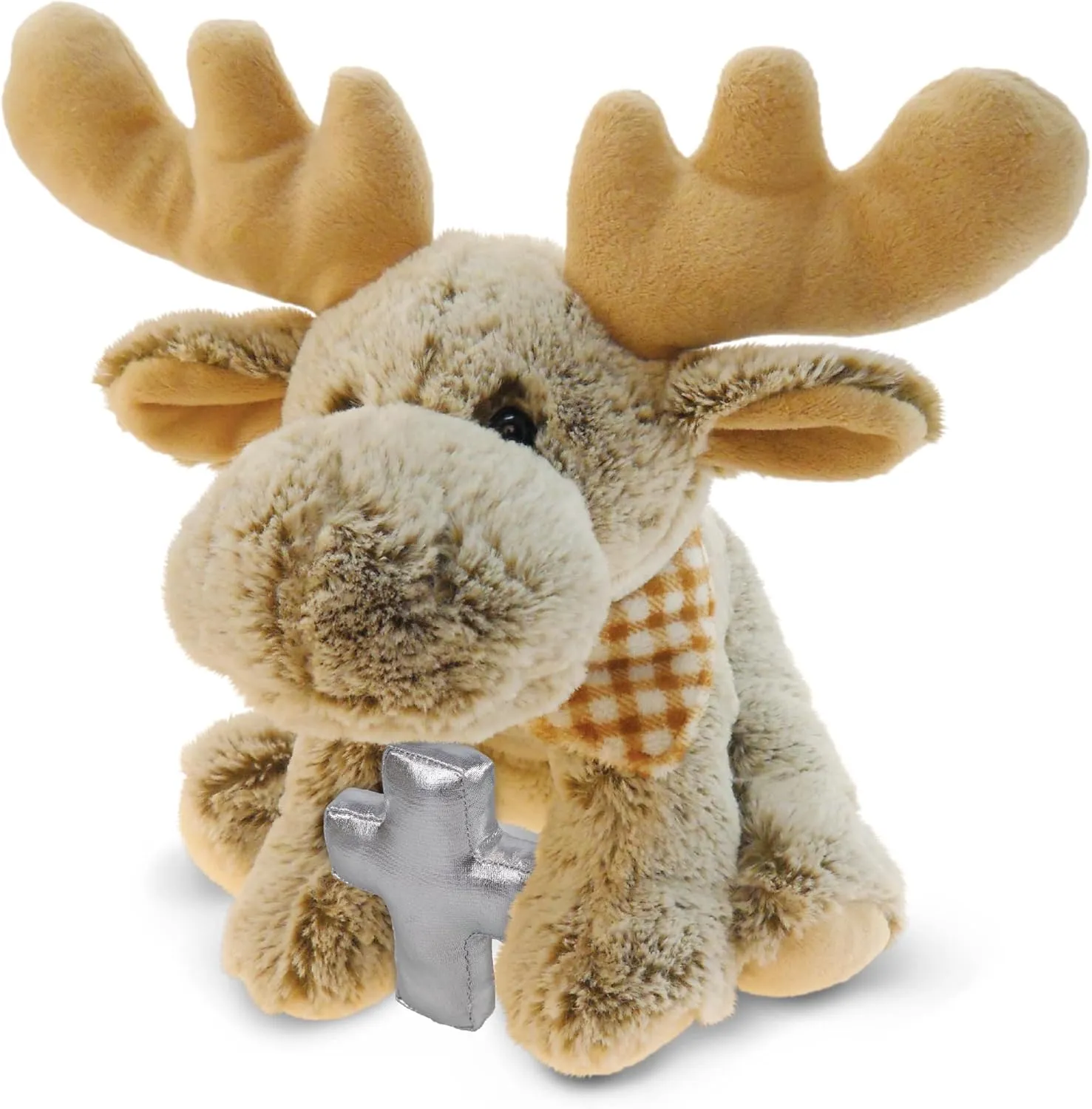 DolliBu Floppy Moose Stuffed Animal with Silver Cross Plush - Religious Baptism Gifts for Boys and Girls, Dedication Christening Gifts Plush Prayer Toy, Healing Stuffed Animal Toy - 12 Inches